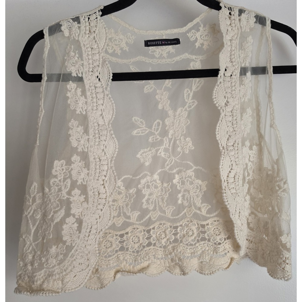 Rosette Be Cool Women‎ Vest S Floral Beige Cotton Sleeveless Lace Sheer Bohemian